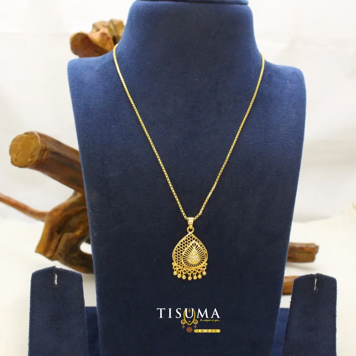 Traditional South Indian Gold Plated Openwork Jaali Mesh Teardrop Motif Dollar Pendant with Hanging Golden Beads and Textured Wheat Chain for Women